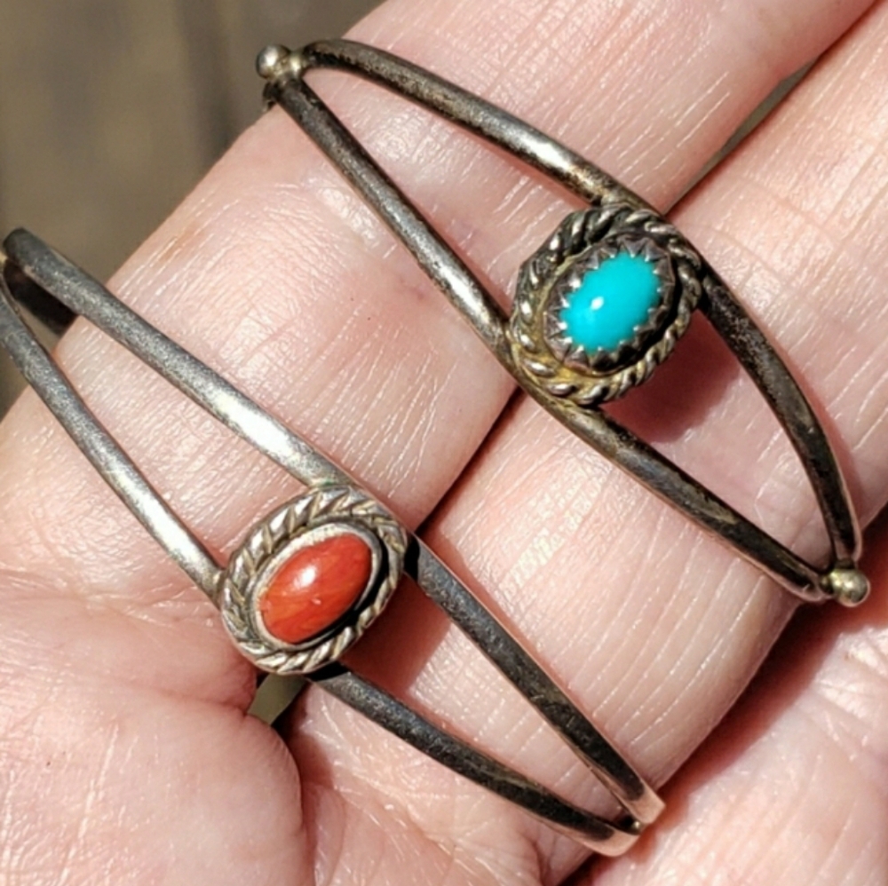 2 BABY Vintage Native American Sterling Silver Genuine Turquoise & Coral…